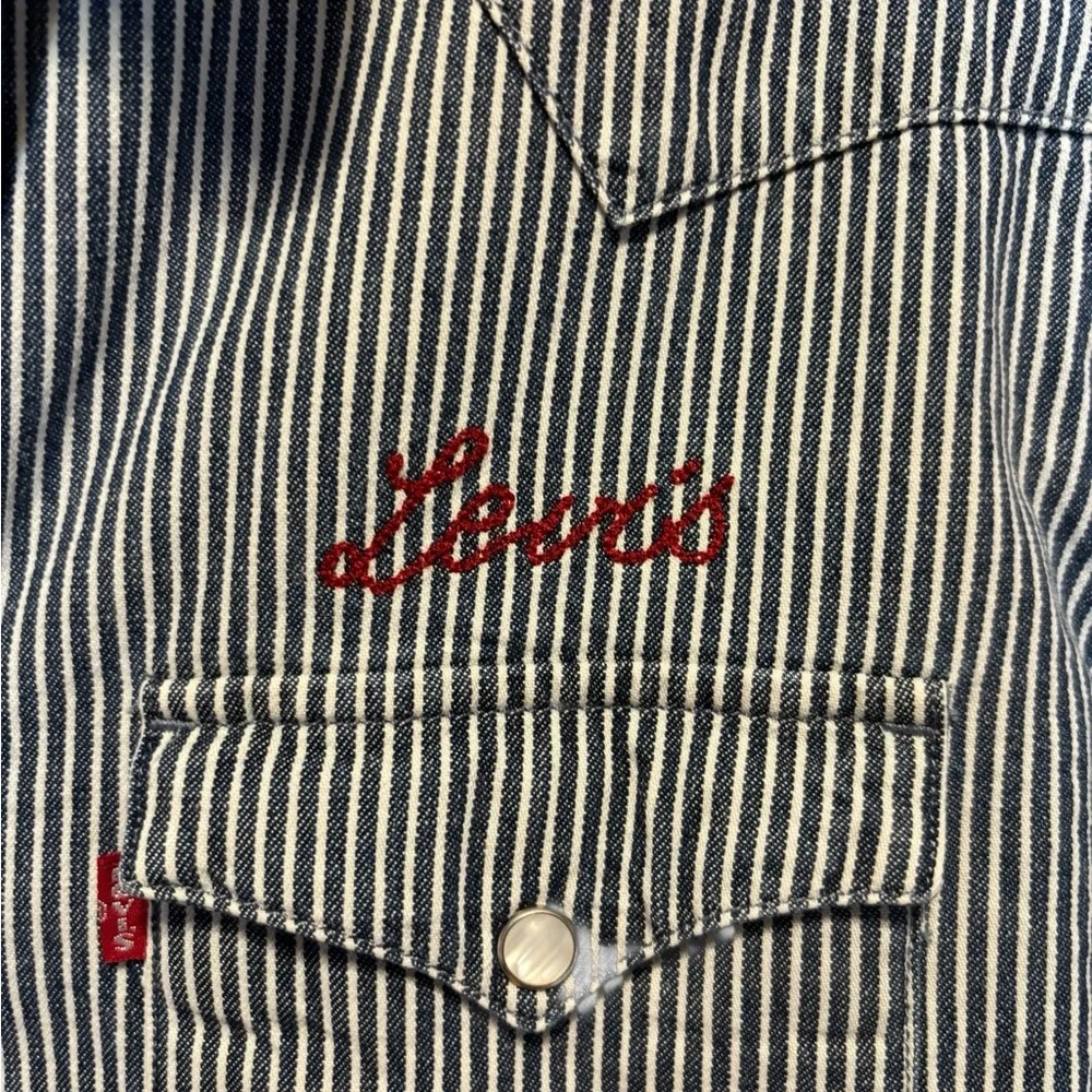 Levi's Mens L Blue White Pinstripe Western Snap Denim Shirt - Picture 3 of 6